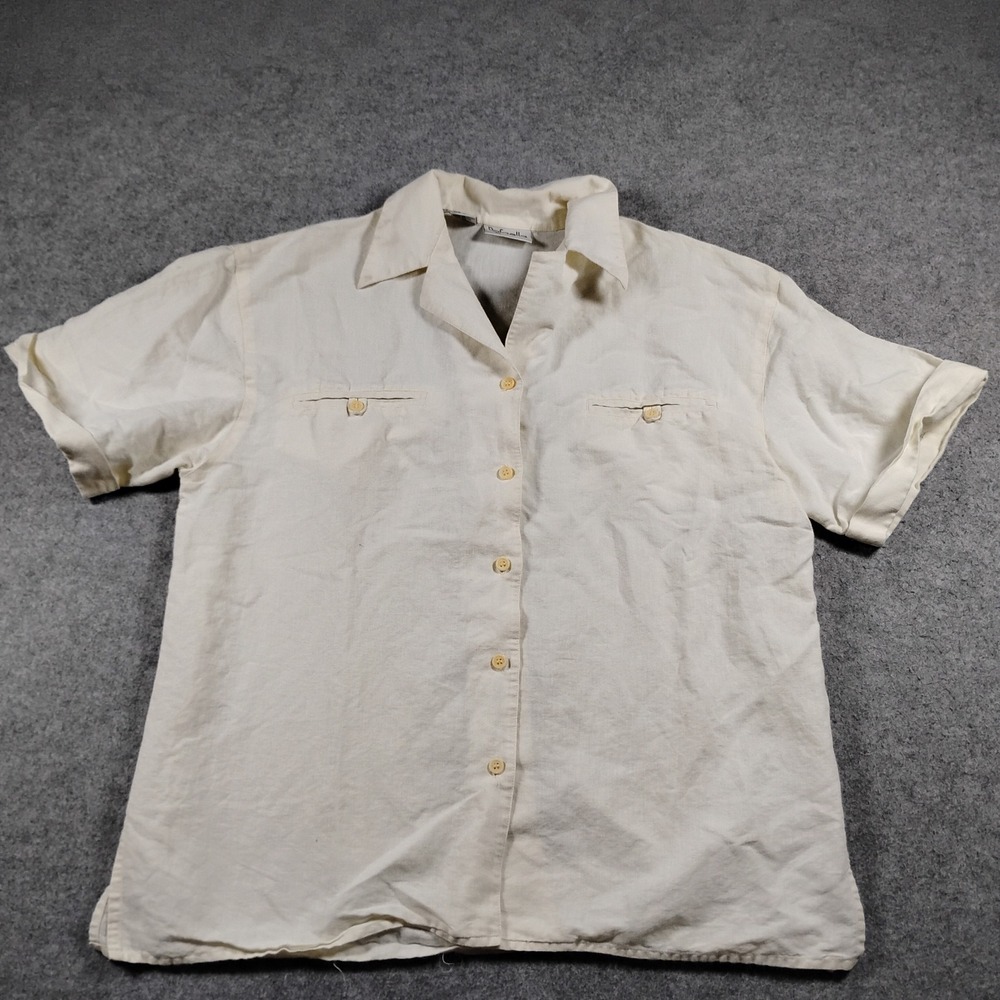 Rafaella Women's Cream Linen Blend Short Sleeve Button Up Camp Shirt Size M